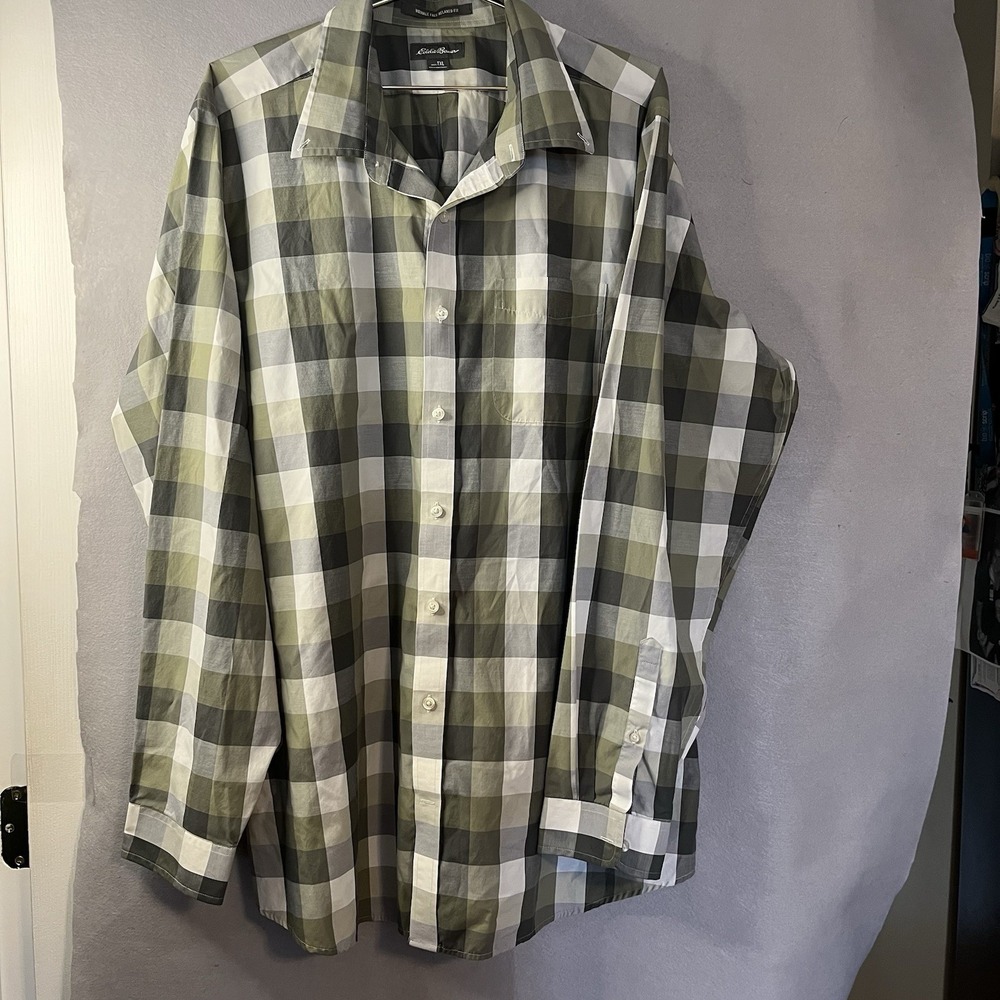 Eddie Bauer TXL Woven Plaid Button-Up Shirt Green Gray Long Sleeve Relaxed Casu…
